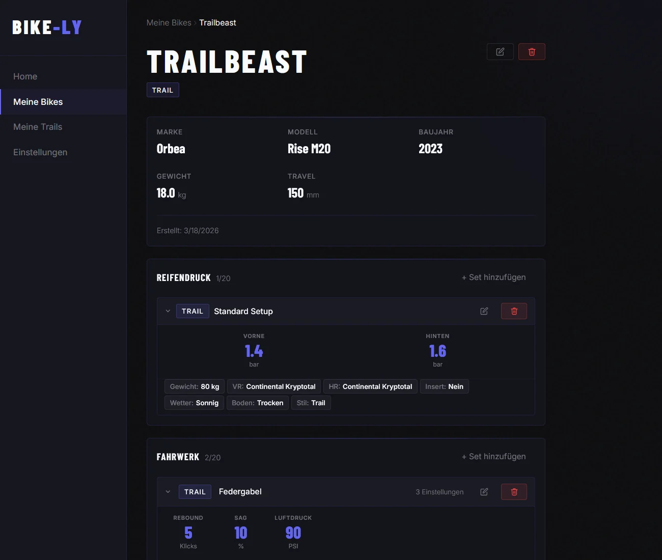 Bike-Ly App – Fahrrad-Übersicht mit allen gespeicherten Bikes